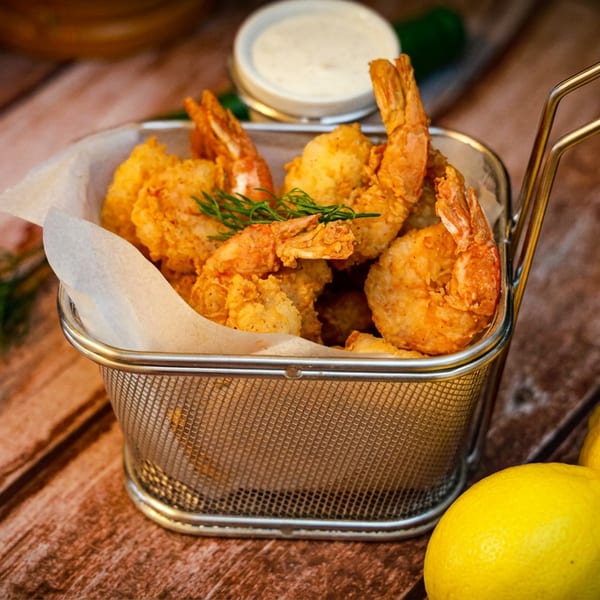 Crispy fried shrimp in a metal basket with lemons, dill, and dipping sauce on a wooden table.
