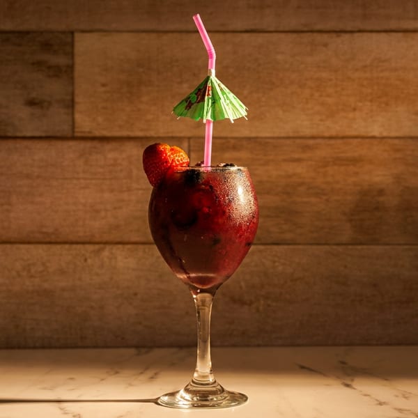 Frozen berry cocktail in a wine glass with a strawberry, pink straw, and green umbrella against a wooden wall.