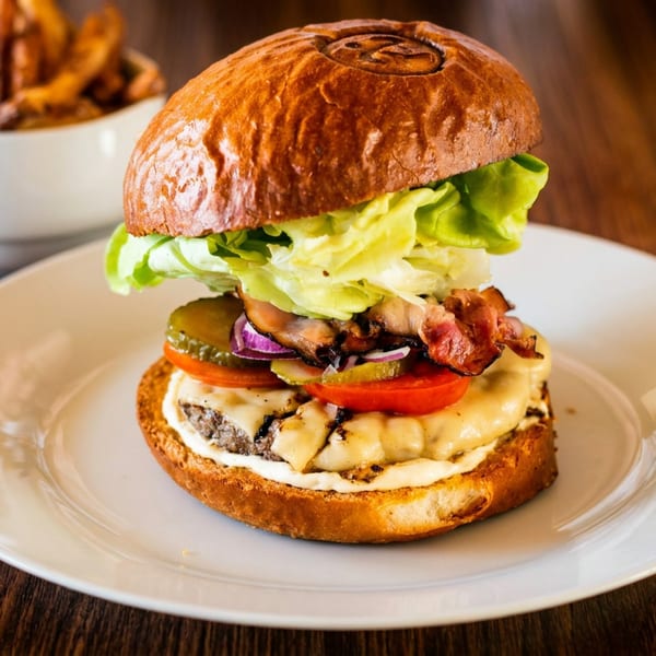 A gourmet bacon cheeseburger with lettuce, tomato, pickles, and fries on a white plate.